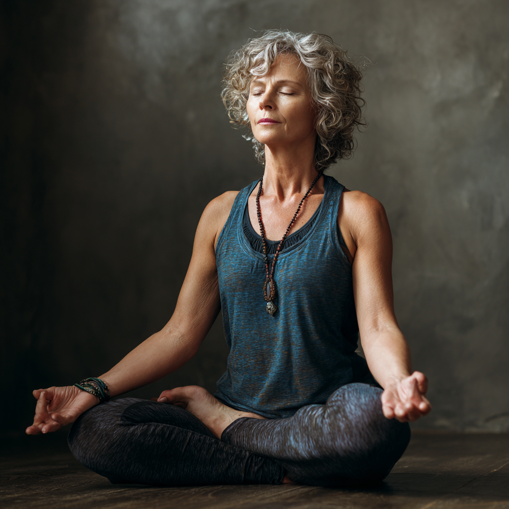 Middle-aged woman practicing gentle yoga poses in a calm studio environment