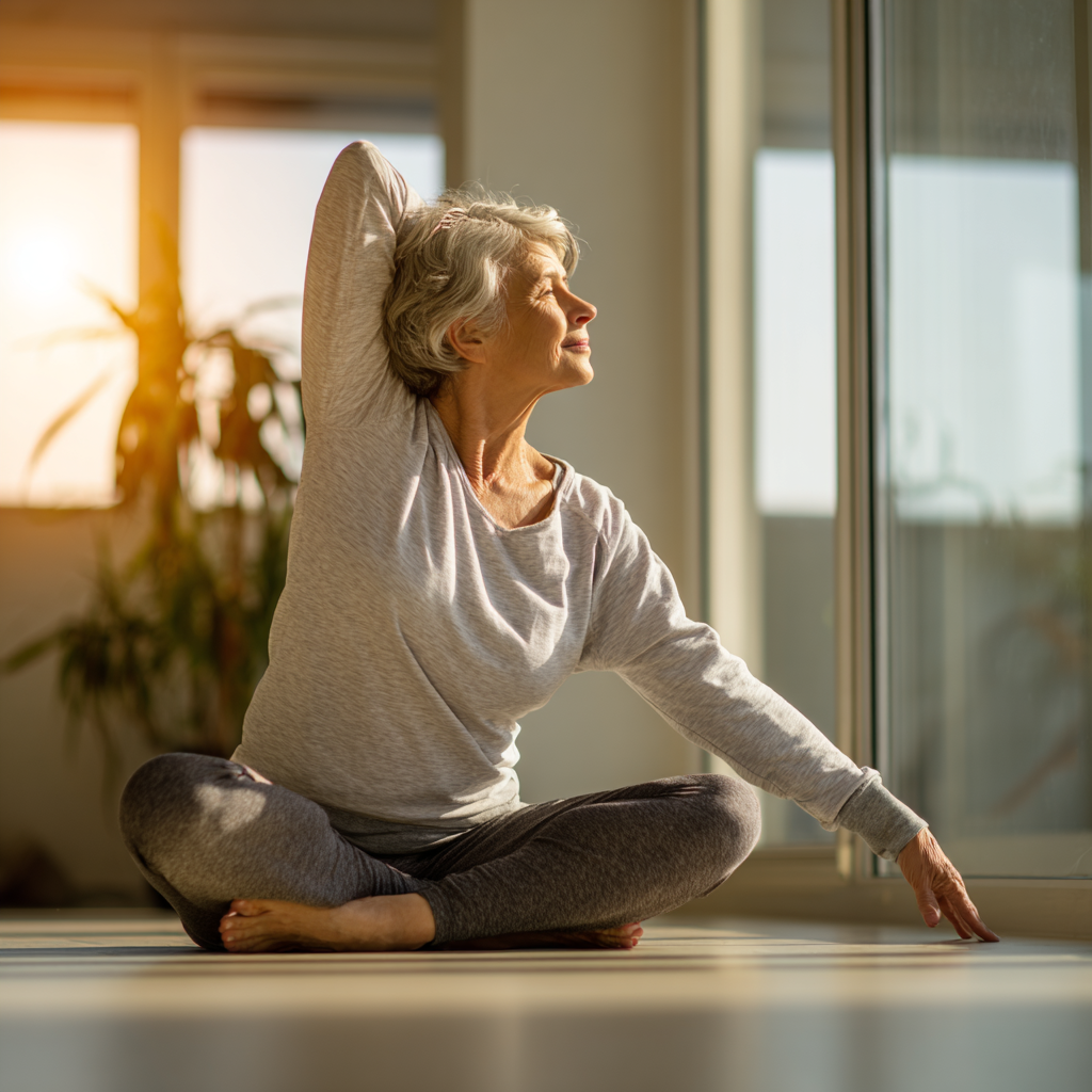 Older adult in comfortable clothing doing mindful stretching exercises in natural light